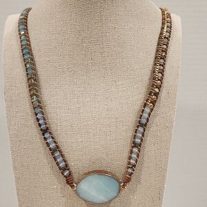 Small Blue Stone Leather Trim Waist Bead Belt